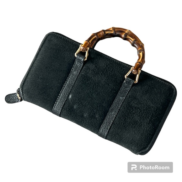 Vintage Gucci zip around wallet on a chain WOC crossbody black suede bamboo - Picture 3 of 16